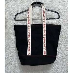 Victoria's Secret Black Canvas Tote Bag Zip Top‎ Medium Logo Shopper Travel Bag